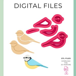 May include: Digital files for 3D printing of birds. The image shows three birds in different poses, two are beige and one is blue, yellow, and light blue. The text "DIGITAL FILES" is at the top of the image. The text "STL FILES DOWNLOAD FOR 3D PRINTING" is at the bottom of the image.