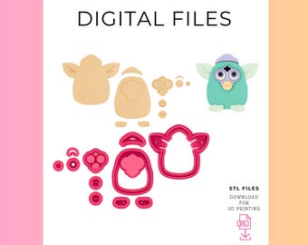 Puede incluir: Archivos digitales con un diseño Furby turquesa y beige. Incluye varias formas de cortadores de galletas y un modelo Furby terminado. El texto "DIGITAL FILES" está en la parte superior. El texto "STL FILES DOWNLOAD FOR 3D PRINTING" está en la parte inferior.