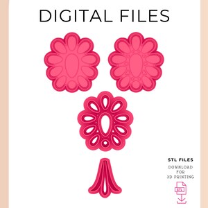 May include: Digital files for 3D printing of four pink flower-shaped designs. The designs include three different flower shapes and a single stem.