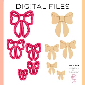 Puede incluir: Archivos digitales con diseños de lazo en rosa y beige. La imagen incluye varios contornos de lazo y formas de lazo sólidas, con el texto "DIGITAL FILES" en la parte superior y "STL FILES DOWNLOAD FOR 3D PRINTING" a la derecha.