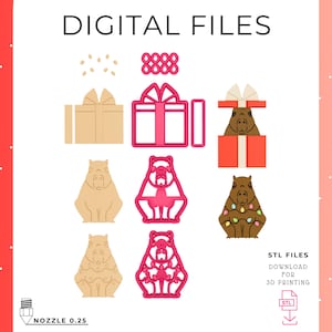 May include: Digital files for 3D printing featuring capybaras and gift box designs. Includes STL files for download. The image shows various capybara shapes, gift boxes, and decorative elements in beige, pink, and brown.