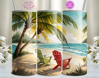 Tropischer Strand Tumbler Wrap, Sommerferien 20 Unzen Tumbler Sublimationsdesign, Strandstühle, Palmen, Summer Vibes Tumbler PNG Design