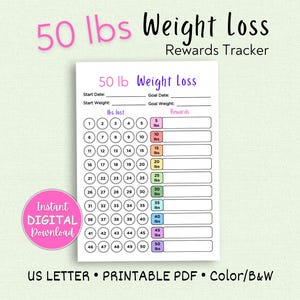 Puede incluir: Seguimiento de pérdida de peso imprimible con un esquema de colores arcoíris. El seguimiento está diseñado para rastrear una pérdida de peso de 50 libras. Incluye una sección para la fecha de inicio, la fecha objetivo, el peso inicial, el peso objetivo, las libras perdidas y las recompensas.