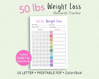 50-Pfund-Gewicht-Verlust-Belohnungen-Tracker, verlorene Pfunde Belohnungs-Tracker, druckbarer Gewichtsverlust-Belohnungen-Feierplaner, Gewicht-Reise-Tagebuch