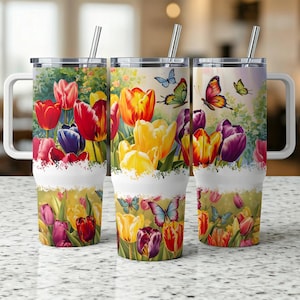 Tulip Butterfly Tumbler Wrap, Floral Tumbler Wrap, Spring Flowers 40oz Tumbler PNG, 40 oz Tumbler Sublimation Design, Tulips Butterflies PNG