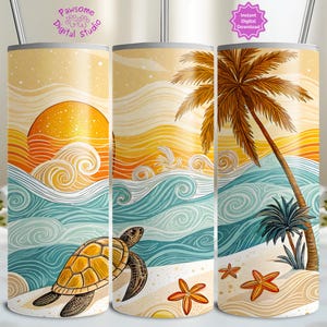 Summer Beach Tumbler Wrap, Tropical Vacation 20oz Skinny Sublimation Design, Boho Sea Turtle Design, Palm Tree Sunset Starfish Seashells PNG