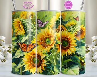 Sonnenblume und Schmetterling Tumbler Wrap, Sommer Frühling Blumen Tumbler PNG, Nahtlose bunte Tumbler Art, 20 oz Sublimation Tumbler Design PNG