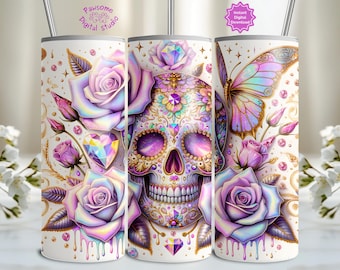 Schillernde Pastell Zuckerschädel Tumbler Wrap, holographische Rose Schmetterling 20 Unzen Skinny Sublimation Design, Gem Skull Nahtlose Tumbler Wrap Png