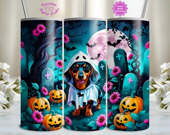 Halloween niedliche gruselige Dackel Tumbler Wrap, Kawaii Dackel 20 Unzen Tumbler Sublimationsdesign, rosa Halloween-Geist PNG Digital Designs