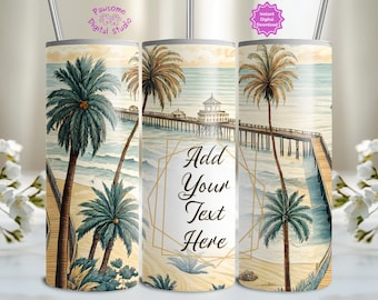 Fügen Sie Ihren Namen hinzu Tropical Beach Tumbler Wrap, Sommerferien 20 Unzen Tumbler Sublimationsdesign, Palmen Pier, Summer Vibes Tumble PNG Design