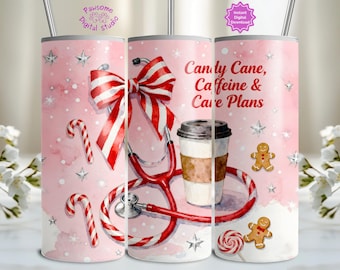 Krankenschwester Tumbler Wrap, Candy Cane Koffein & Pflegepläne Sublimation Design, Weihnachten 20 Unzen Skinny Tumbler PNG, Weihnachtsgeschenk für Krankenschwestern, Digital