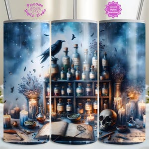 May include: A tumbler featuring a mystical scene with a raven perched atop a shelf of potion bottles. The design includes candles, a skull, and an open book, all set against a dark, atmospheric background. The text "Pawsome Digital Studio" and "Instant Digital Download" are also visible.