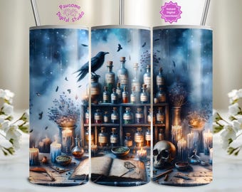 Apotheker 20 Unzen Skinny Tumbler Wrap Sublimation Design, Crow Potion Flaschen, Hexerei Zauber, okkultes Dekor, Gothic Fantasy, mystisches Geschenk