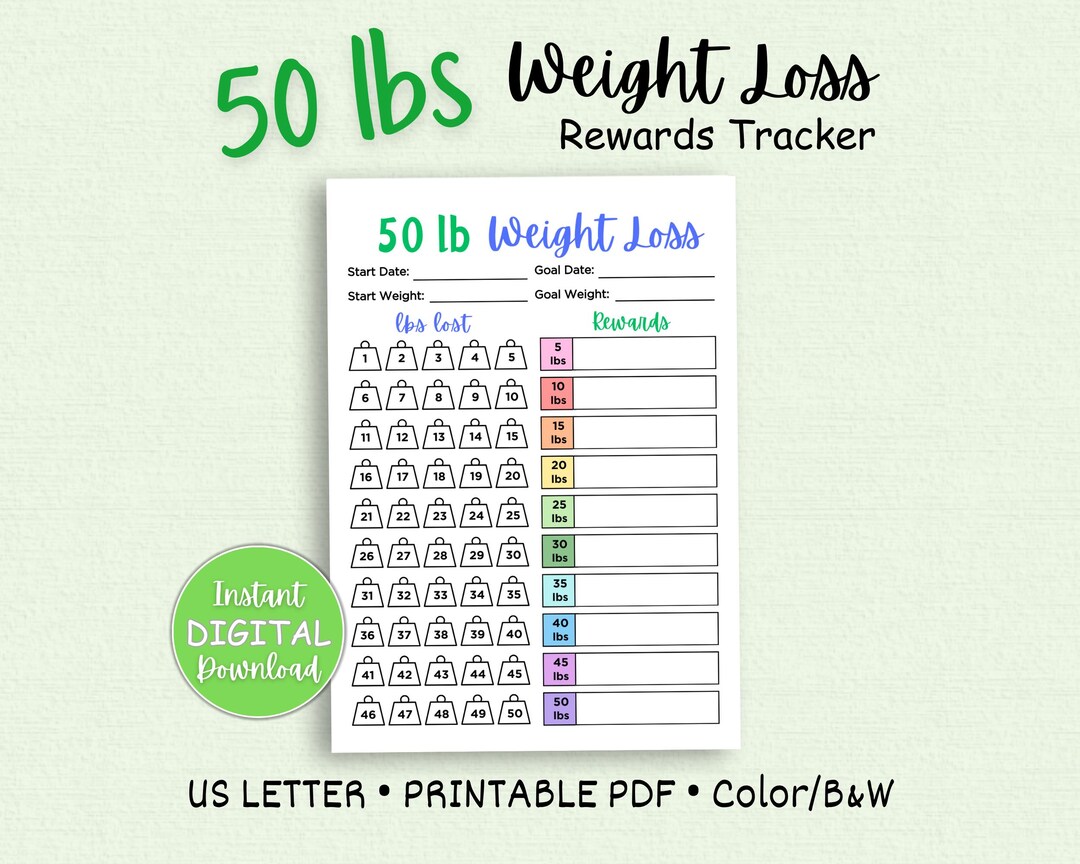 50 Lb Weight Loss Rewards Tracker, Pounds Lost Rewards Journal ...