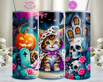 Halloween niedliche gruselige Katzenbecherverpackung, Kawaii-Katze 20 Unzen Becher Sublimationsdesign, rosa Halloween-Katzen-Gepard-Druck PNG-Digital-Designs