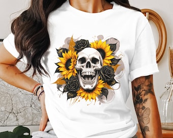 Blumen Schädel Sublimation Png, Sonnenblume Skelett Sublimation Clipart Digital Design, Blumen Schädel Tattoo Designs, Gothic digitaler Download