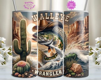 Walleye Wrangler Angeln Becher Png, Angler Fischer 20 Unzen Sublimationsdesign, westliche Herren Tumbler Wrap, Vatertag Png, Dad Tumbler png