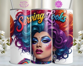 Serving Looks 20 Unzen Sublimationsbecher Wrap, Gay Pride Month Regenbogen Tumbler Design, bunte Haar Tumbler Wrap, ziehen ziehen Queen Tumble PNG