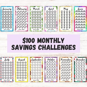 May include: Twelve colorful cards with a monthly savings challenge theme. Each card features a different month of the year, a unique design, and a grid of 100 circles to color in as you save $100 each month.