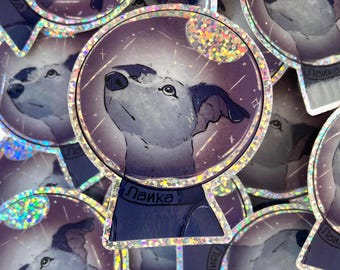 Starry Laika the Space Dog Holographic Sticker | Astronomy Artemis Vinyl Glitter Dog Decal | Original Design