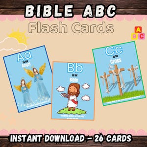 Puede incluir: Un conjunto de 26 tarjetas de memoria ABC de la Biblia imprimibles con ilustraciones coloridas y versículos bíblicos. Las tarjetas presentan las letras A, B y C con imágenes correspondientes de un ángel, una Biblia y una cruz.