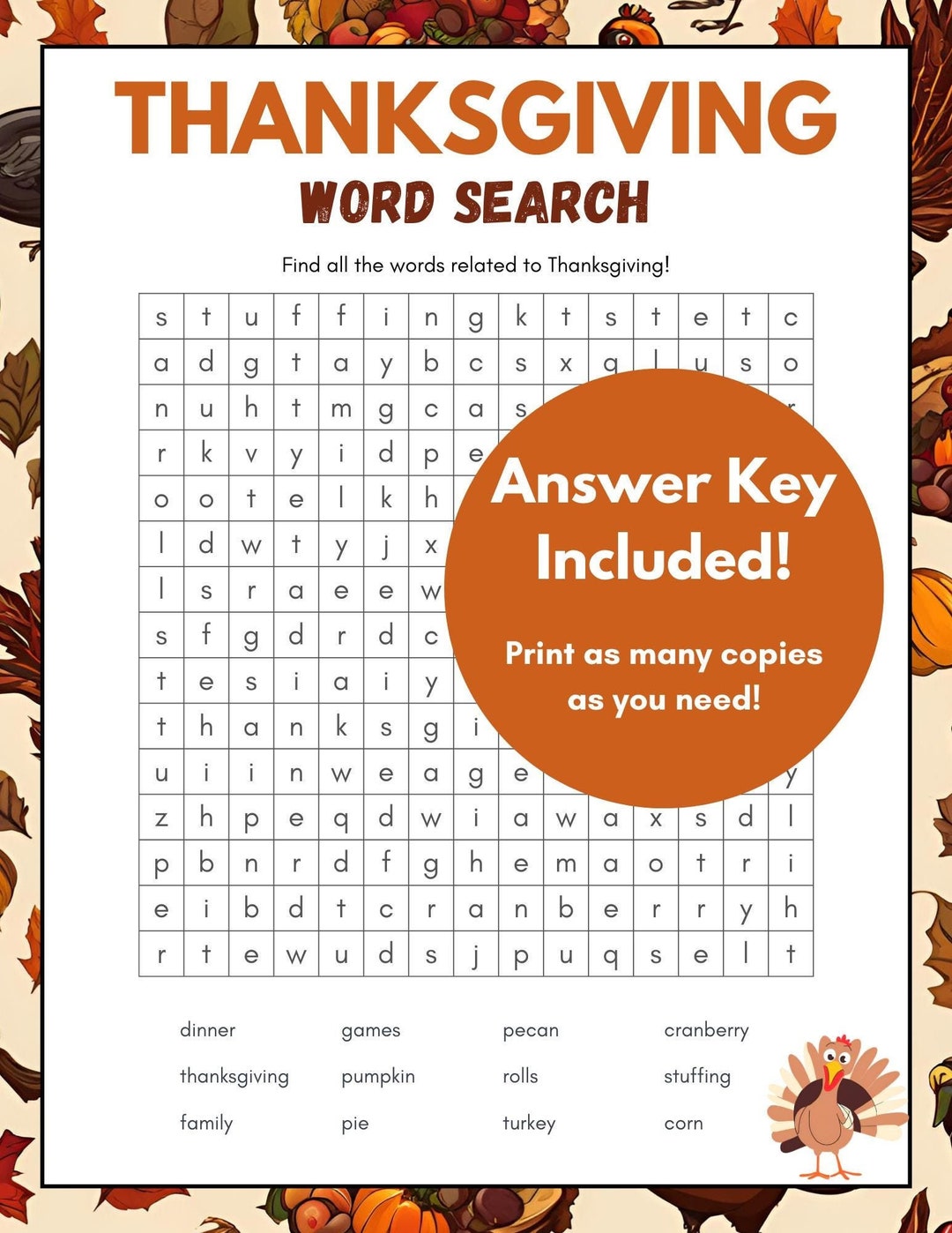 Thanksgiving Word Search, Word Search, Holiday Word Search