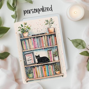 May include: A watercolor illustration of a bookshelf filled with colorful books. A black cat sits on the top shelf, and a sign reads "Let's Read Books".