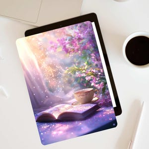 May include: A white teacup and saucer sit on a table with a book and a bouquet of purple flowers. The table is covered in glitter and the background is a soft, dreamy purple.