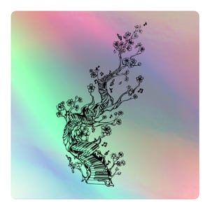 Holografischer Musik-Klavier-Blumen-Baum-Regenbogen-Aufkleber 3D, wunderliche Natur-Liebhaber-Musiknoten, Musiker-Tasteninstrument-Schwarz-weißes Vinyl