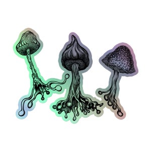 Pegatina holográfica 3D de hongo arcoíris, vinilo caprichoso para amantes de la naturaleza, hongos psicodélicos, arte abstracto hippie, mágico y psicodélico.