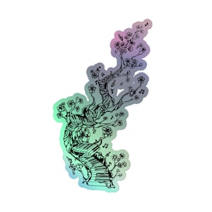 Holografischer Musik-Klavier-Blumen-Baum-Regenbogen-Aufkleber 3D, wunderliche Natur-Liebhaber-Musiknoten, Musiker-Tasteninstrument-Schwarz-weißes Vinyl