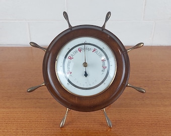 Vintage West Germany Barometer Thermometer Nautical Ship Wheel Desk or Wall Decor