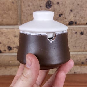 Può includere: Un posacenere in ceramica marrone con coperchio bianco. Il posacenere ha una base arrotondata e una piccola apertura per le sigarette. Il coperchio è posto sopra e ha una piccola maniglia. Il posacenere è tenuto in mano da una persona.