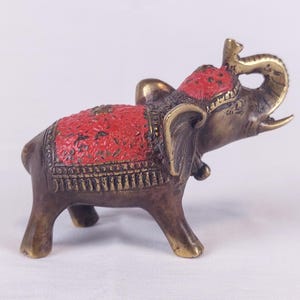Vintage Brass Elephant Figurine with Red Saddle – 9 cm Collectible Decor