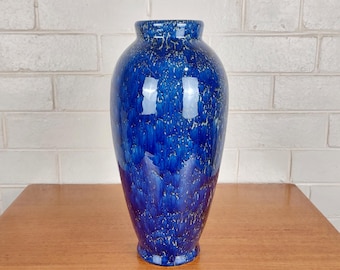 Vintage Studio Pottery Vase | Tall Blue Drip Glaze Ceramic | Statement Decor Signed GH