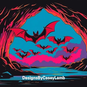 Neon Bat Cave Digital Art Print – Gothic Wall Decor, Halloween Vampire Aesthetic, Vibrant Pop Art Illustration