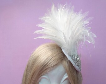 Ivory Burlesque Fascinator Feather Plume Cocktail Hat with Rhinestones Wedding Bridal Hair Accessory Flapper Gatsby Headpiece