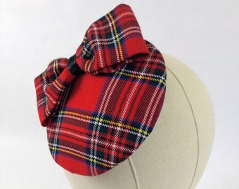 Large Red Tartan Plaid Vintage Inspired Pin Up 50s 60s Fascinator with Bow Hair Accessory Steampunk Victorian