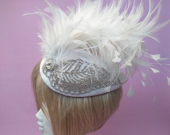 Ivory Burlesque Fascinator Feather Plume Cocktail Hat with Rhinestones Wedding Bridal Hair Accessory Flapper Gatsby Headpiece