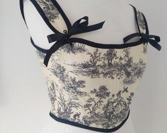 Petit corset toile de Jouy 18ème siècle demi-séjours Costume Marie-Antoinette noir et crème d'ivoire