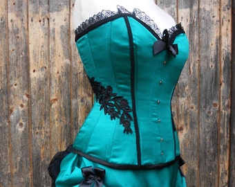SALE Large Burlesque Corset Circus Show Girl Emerald with Black Lace