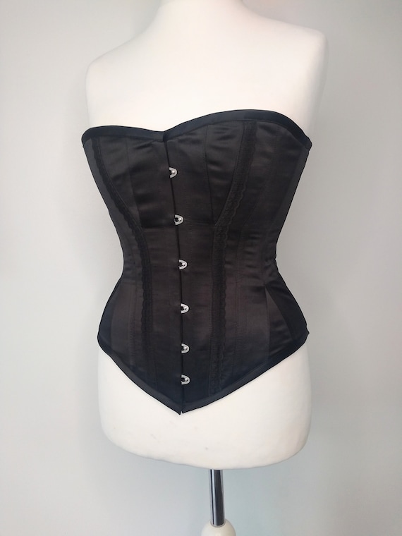 Small Black Satin 1890s Victorian Corset 25 Waist With Bust Gores Burlesque  Circus Overbust Costume 