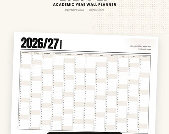 Agenda murale stampabile per l'anno accademico 2026-2027 | Calendario minimalista annuale in formato PDF | A2, A3, A4, download immediato