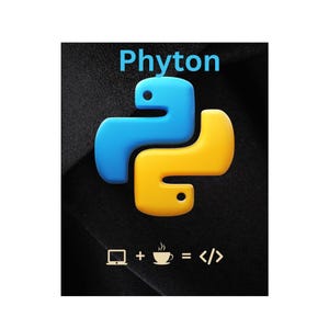 Könnte beinhalten: Ein gelbes und blaues Python-Logo auf schwarzem Hintergrund mit dem Text "Phyton" über dem Logo. Das Logo ist eine stilisierte Schlange mit gelbem Körper und blauem Kopf. Unter dem Logo befindet sich eine Grafik mit einem Laptop, einer Kaffeetasse und einem Gleichheitszeichen, gefolgt vom Codesymbol "</>"