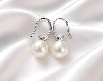 Sirena Grace White Pearl Earrings | White Freshwater Pearl Drops | Sterling Silver Hoop Earrings | Minimalist Bridal Jewelry | Soft Feminine