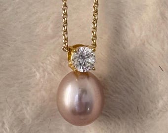 Natural Pink Pearl Necklace – 14k Gold-Filled, Large Cubic Zirconia Accent