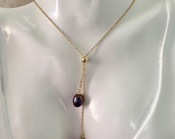 Rare Purple Peacock Pearls On Adjustable Lariat Necklace — 14k Gold-Filled Chain