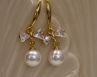 Pearls and CZ Bows, 14k Gold Filled, Drop, Sophisticated, Classic, Earrings
