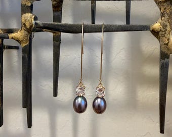 Peacock Pearl and 14k Gold Filled Long Dangle Earrings with Rare, Large Diamantés