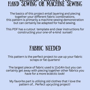 K&ouml;nnte beinhalten: Ein hellblaues Informationsdokument mit schwarzem Text, betitelt BEGINNER FRIENDLY FOR HAND SEWING OR MACHINE SEWING. Es beschreibt ein N&auml;hprojekt mit Stoffschichten, einer Schnittvorlage und einem Stoffbedarf von 28x36 cm.